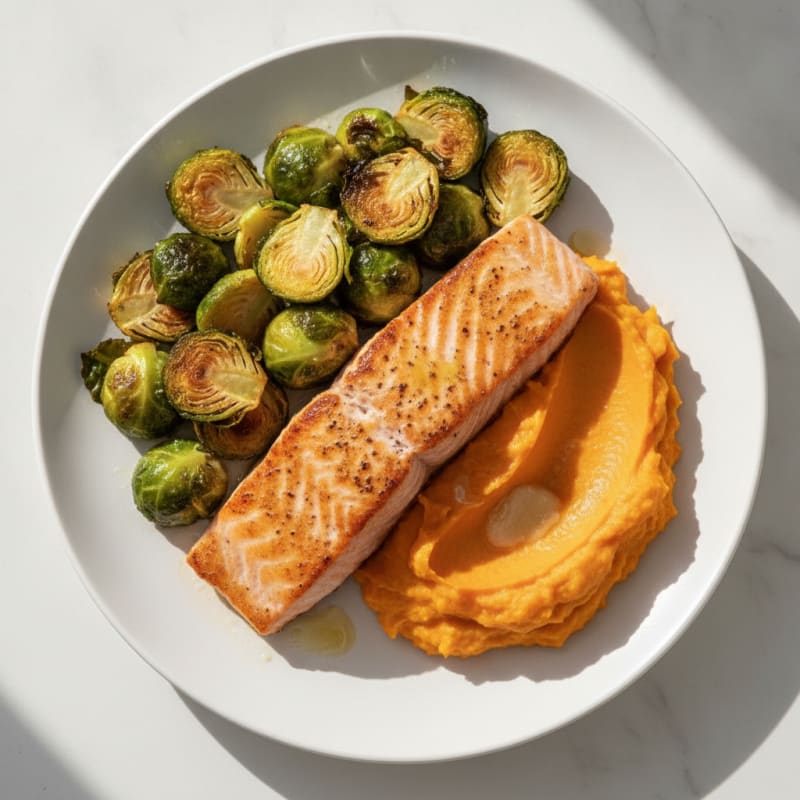 Seared Salmon Fillet with Roasted Brussels Sprouts and Sweet Potato Mash