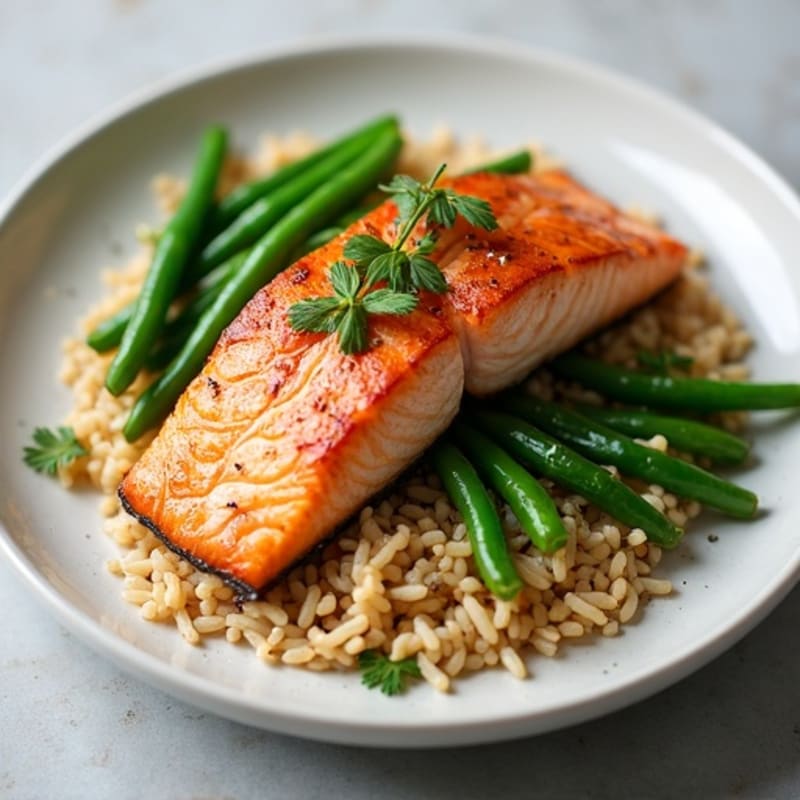 Seared Salmon with Steamed Green Beans and Brown Rice