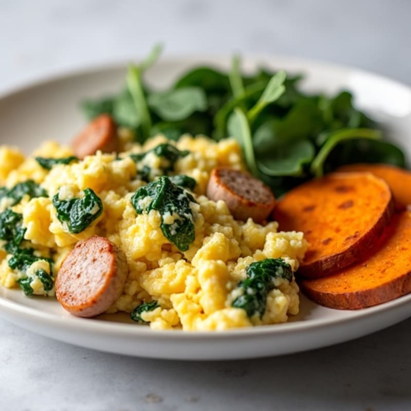 Egg White and Turkey Sausage Scramble with Spinach and Roasted Sweet Potato