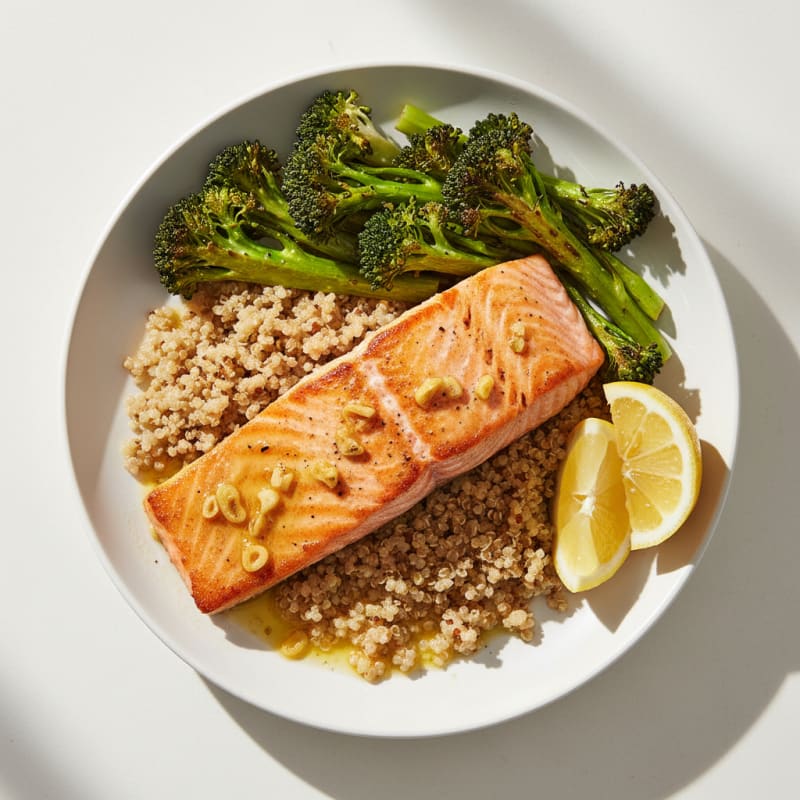 Seared Salmon with Roasted Broccoli and Quinoa
