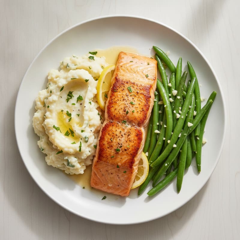 Seared Salmon with Steamed Green Beans and Garlic Mashed Cauliflower