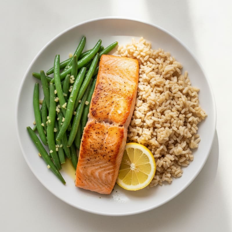 Seared Salmon with Garlic Green Beans and Brown Rice