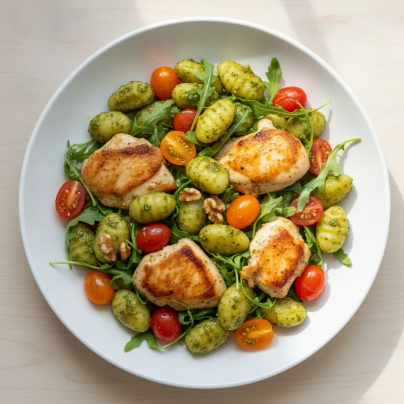Gnocchi with Arugula Pesto and Cherry Tomatoes