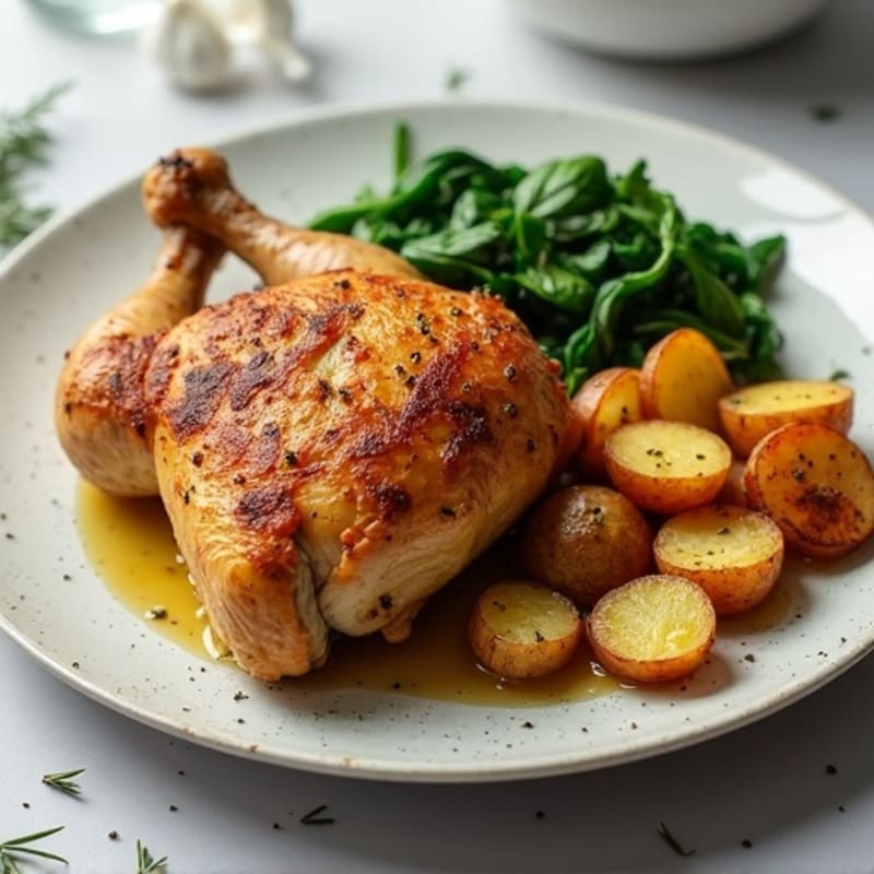 Crispy Rotisserie Chicken with Herb Roasted Potatoes and Garlicky Spinach