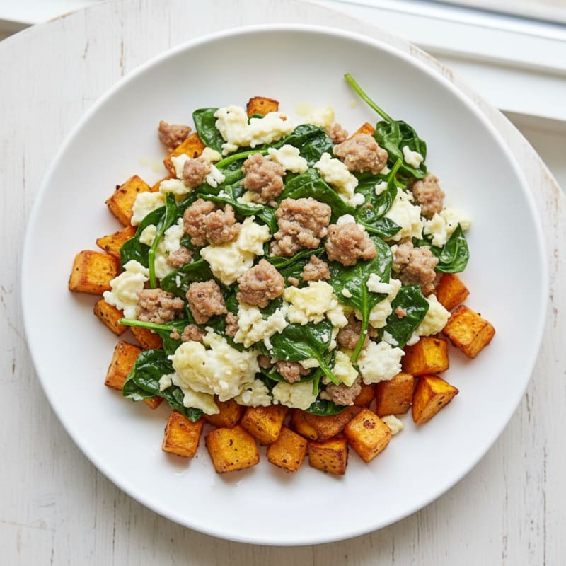 Egg White and Turkey Sausage Scramble with Spinach and Roasted Sweet Potatoes