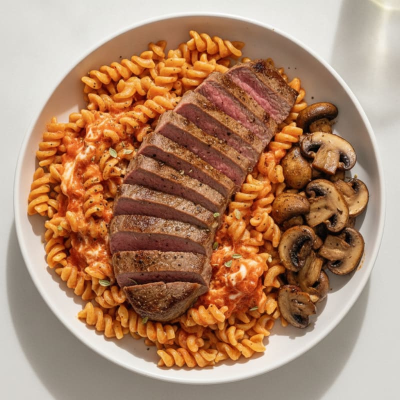 Pan-Seared Sirloin with Creamy Tomato Gluten-Free Pasta