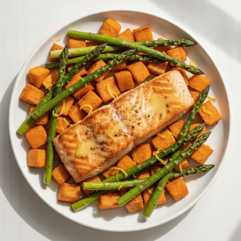 Seared Salmon with Roasted Sweet Potatoes and Asparagus
