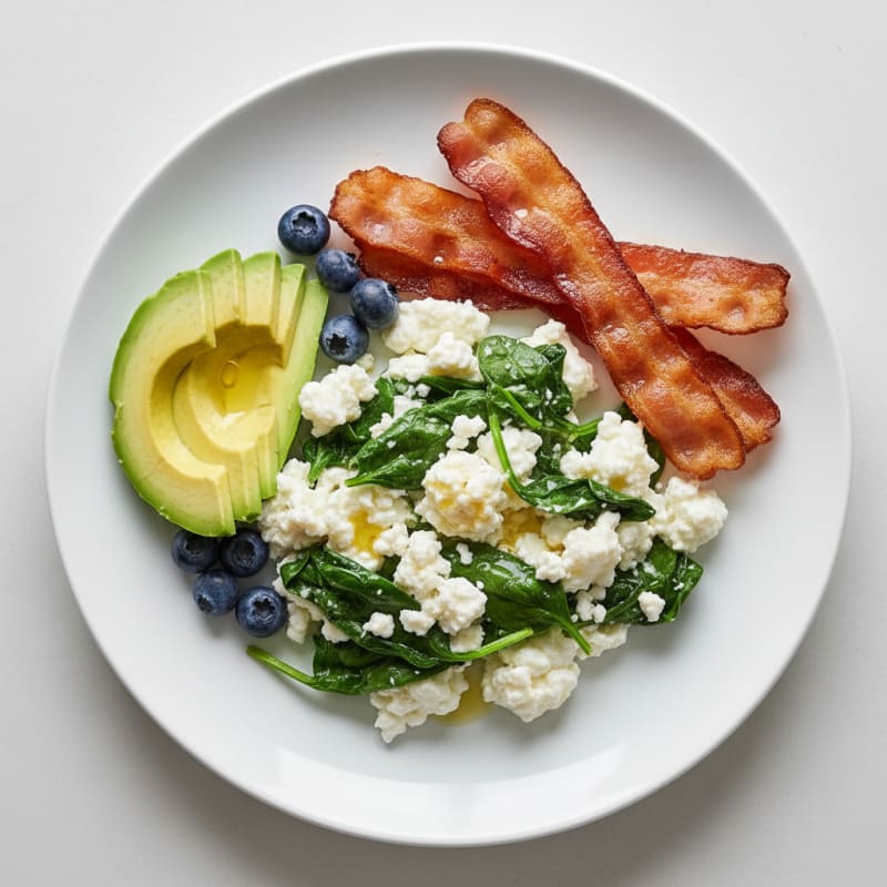 Egg White and Cottage Cheese Scramble with Spinach and Turkey Bacon