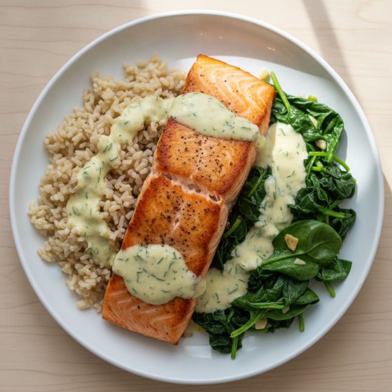 Seared Salmon with Brown Rice and Sautéed Spinach