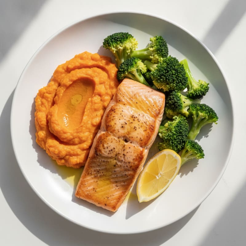 Seared Salmon with Steamed Broccoli and Sweet Potato Mash