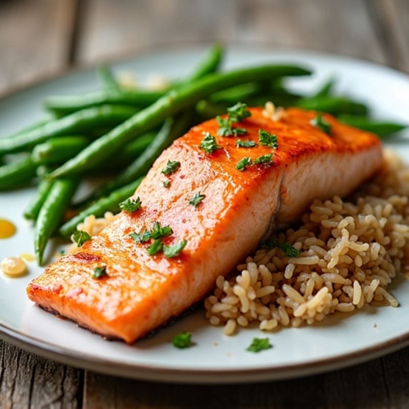 Seared Salmon Fillet with Garlic Green Beans and Brown Rice