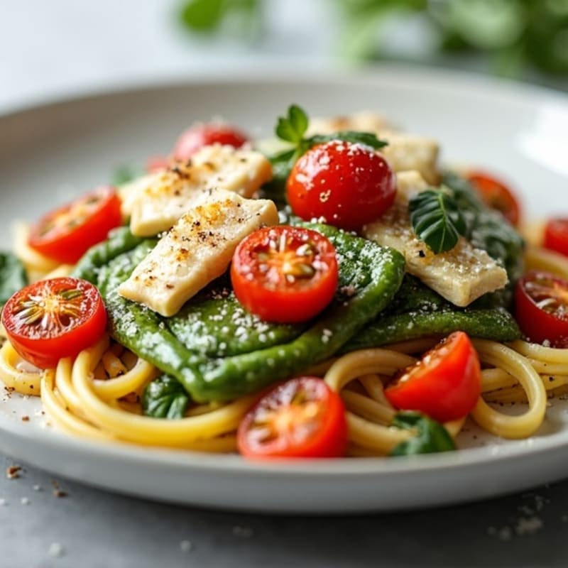 Spinach Ravioli with Grilled Chicken and Blistered Cherry Tomatoes