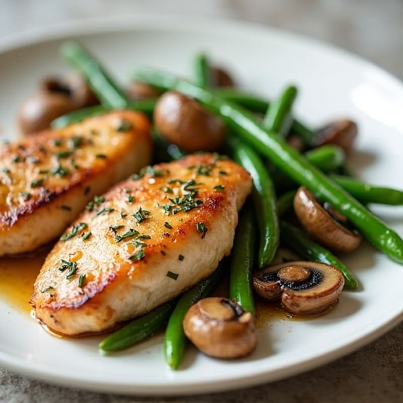 Juicy Pan-Seared Chicken with Garlic Butter Roasted Mushrooms and Green Beans