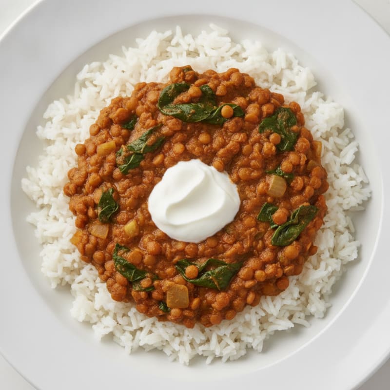 High-Protein Red Lentil and Spinach Curry with Basmati Rice
