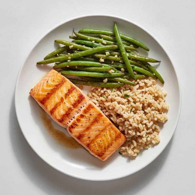 Seared Salmon with Garlic Green Beans and Brown Rice