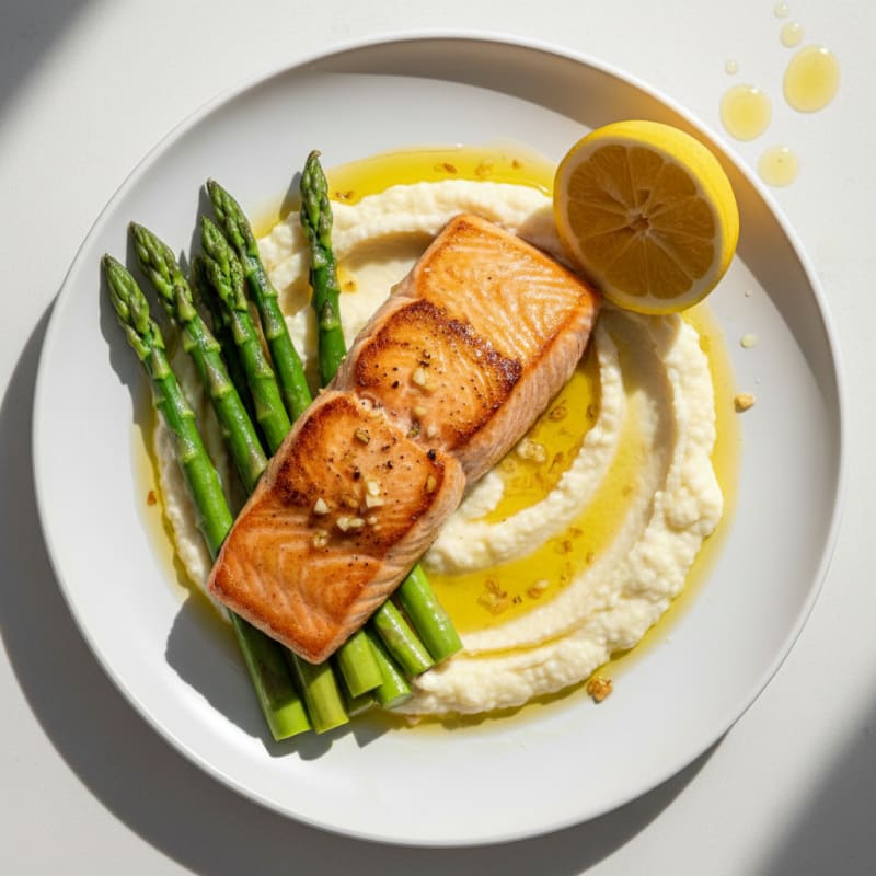 Seared Salmon Fillet with Steamed Asparagus and Cauliflower Mash