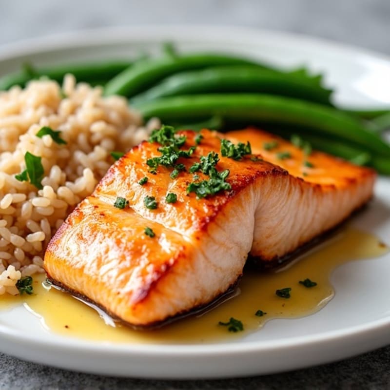 Seared Salmon with Steamed Green Beans and Brown Rice