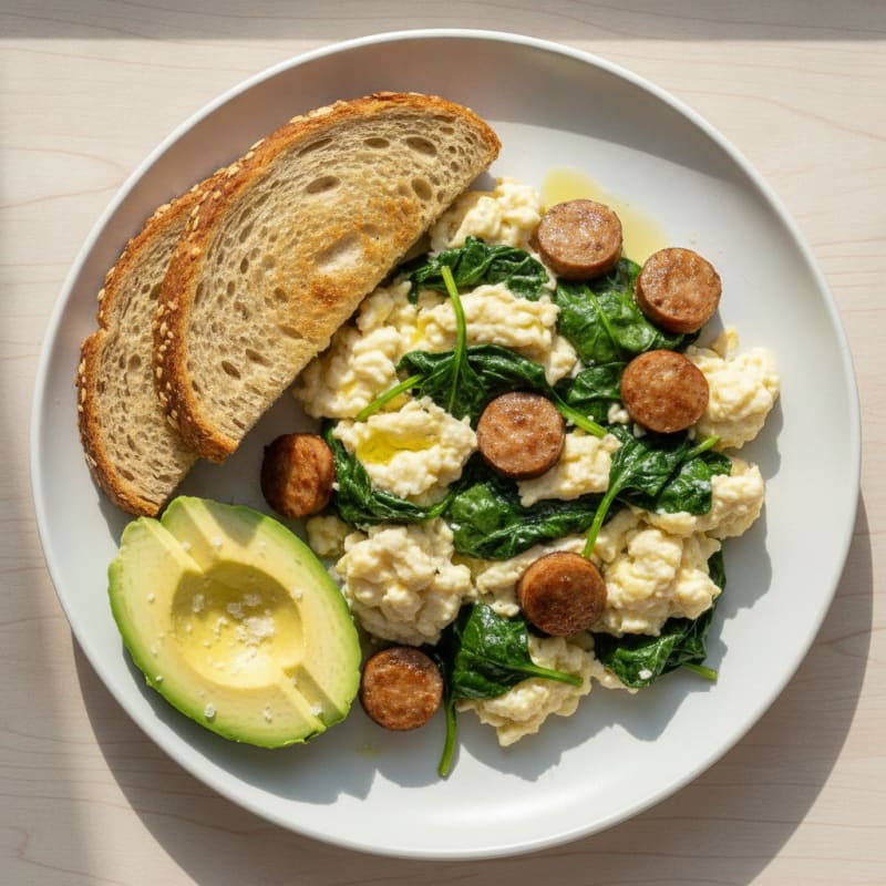 Egg White Scramble with Turkey Sausage and Sautéed Spinach