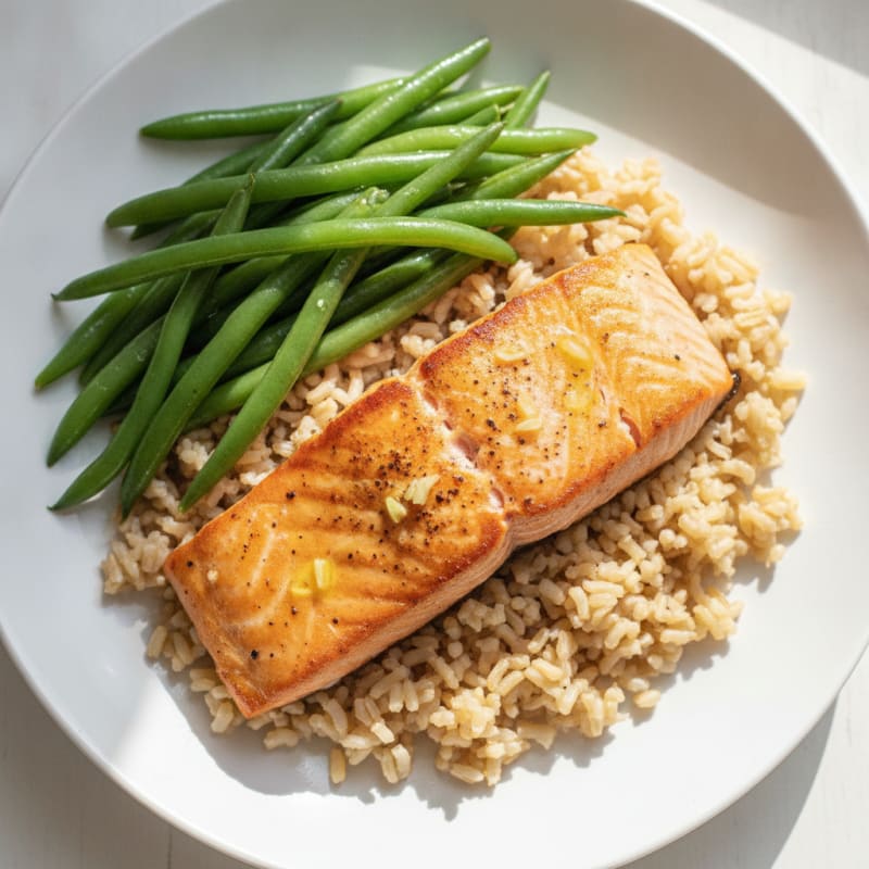 Seared Salmon with Steamed Green Beans and Brown Rice