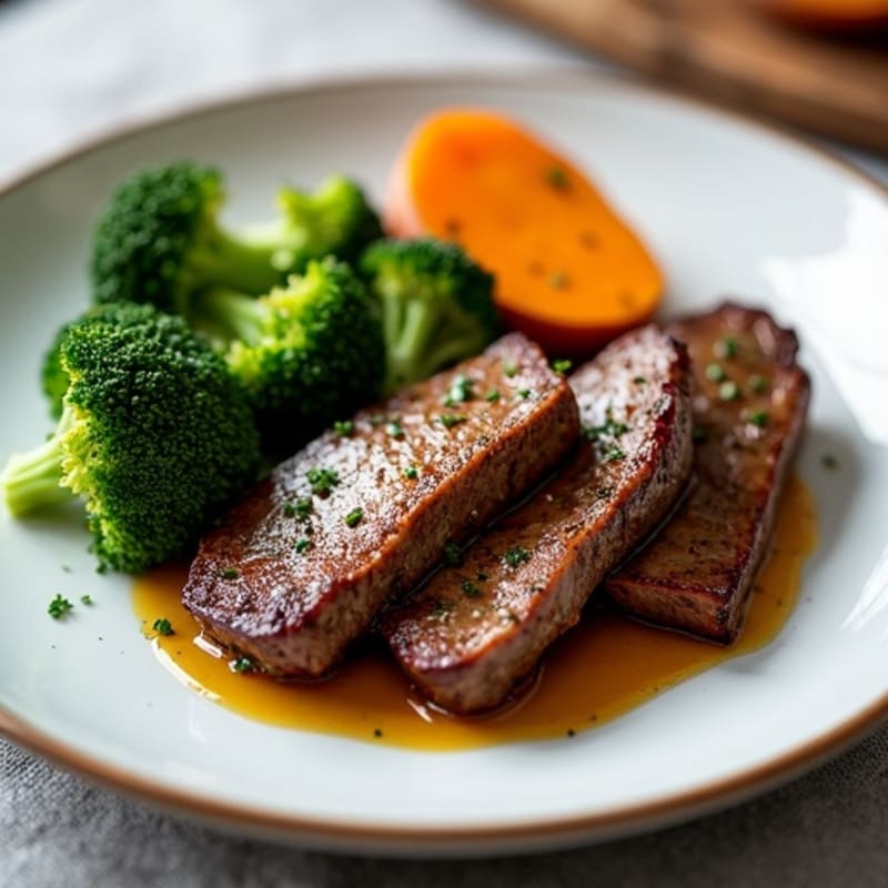 Seared Beef Strips with Roasted Broccoli and Sweet Potato