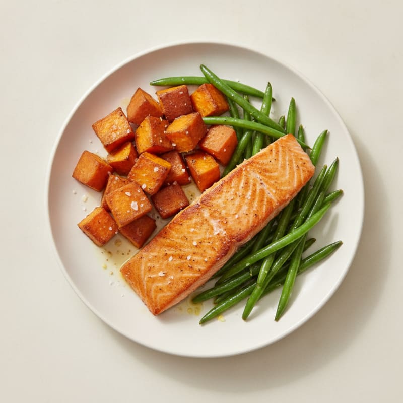 Pan-Seared Salmon with Roasted Sweet Potato and Green Beans