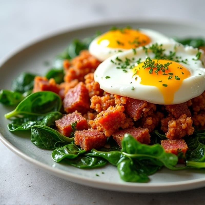 Crispy Corned Beef Hash with Poached Eggs and Sautéed Spinach
