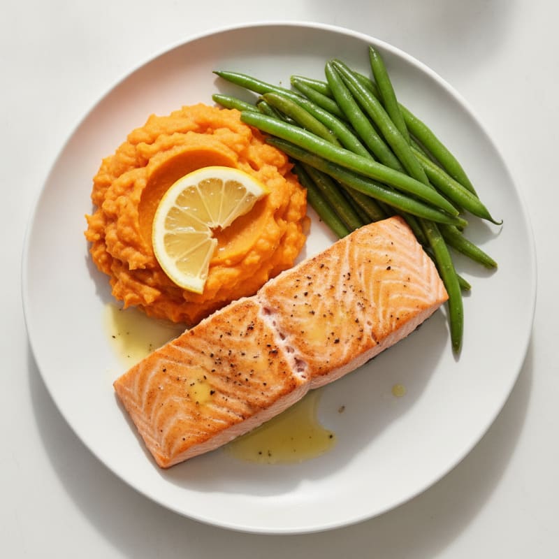 Seared Salmon with Steamed Green Beans and Sweet Potato Mash
