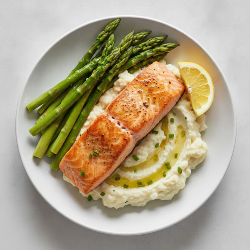 Seared Salmon with Steamed Asparagus and Garlic Mashed Cauliflower
