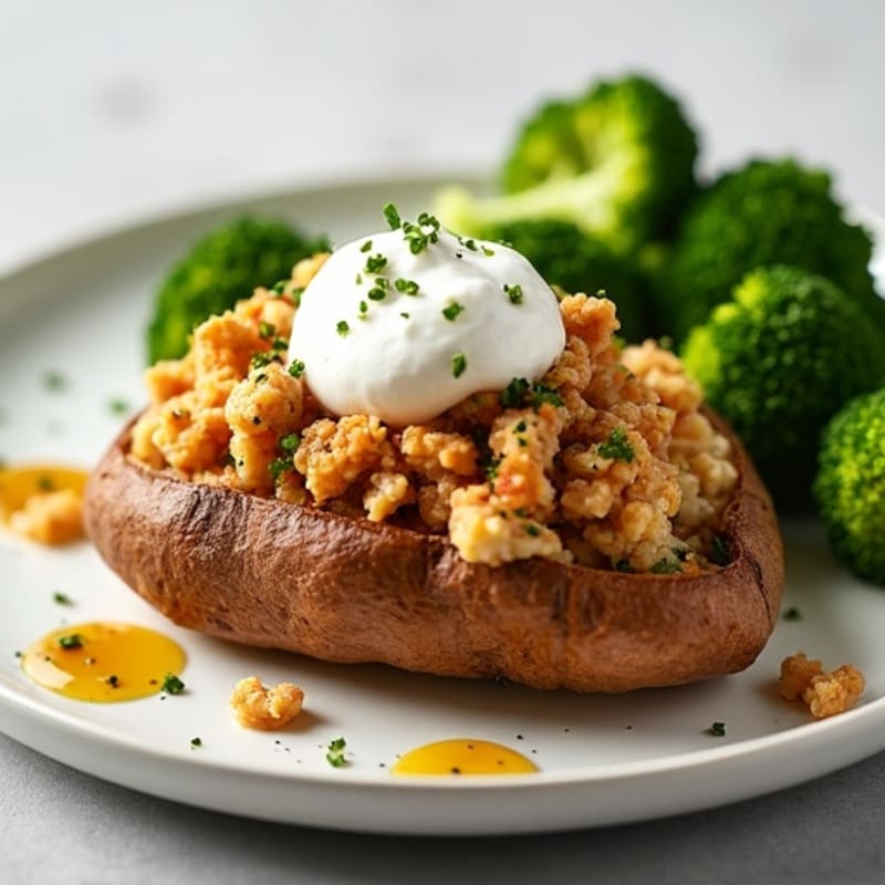 Crispy Baked Potatoes with Lean Ground Turkey, Steamed Broccoli, and Creamy Greek Yogurt
