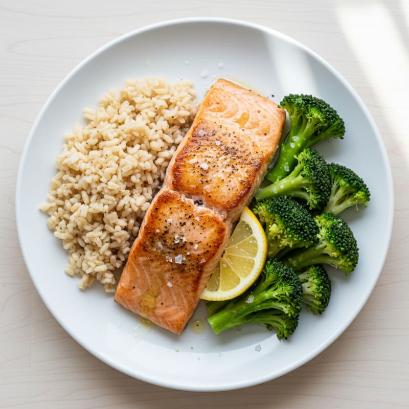 Seared Salmon Fillet with Steamed Broccoli and Brown Rice