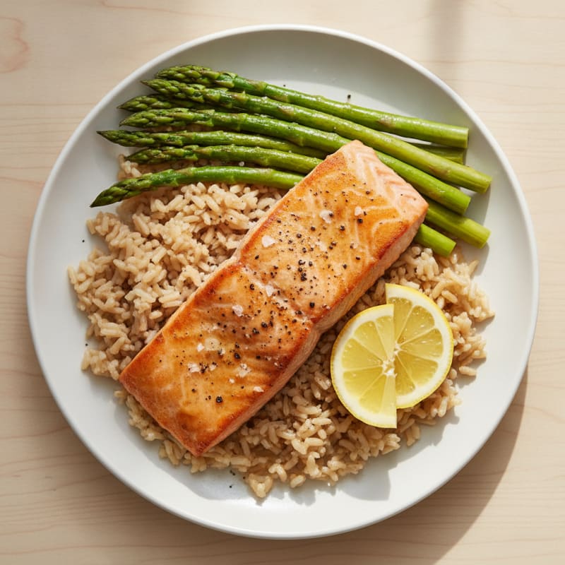 Seared Salmon Fillet with Steamed Asparagus and Brown Rice