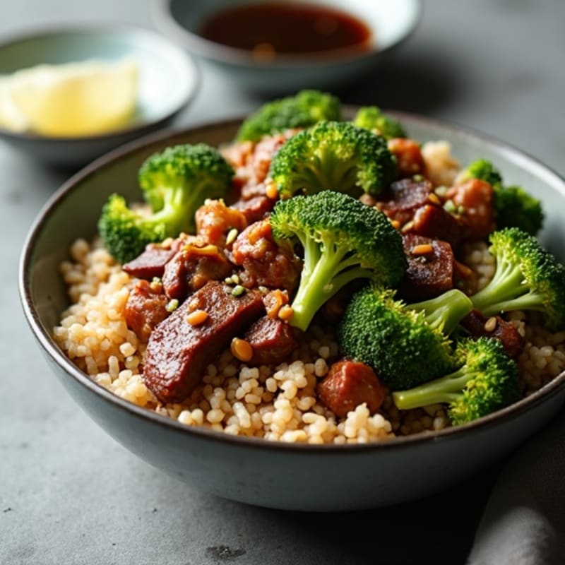 Savory Garlic Ginger Beef and Crispy Broccoli with Brown Rice