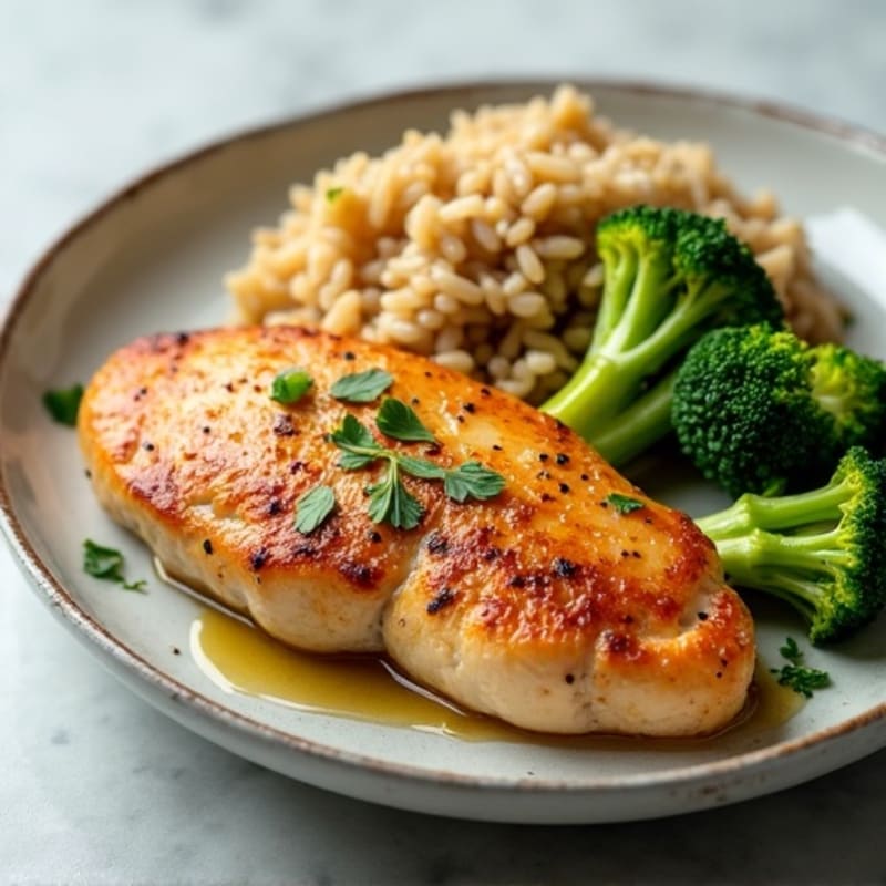 Seared Chicken Breast with Steamed Broccoli and Brown Rice