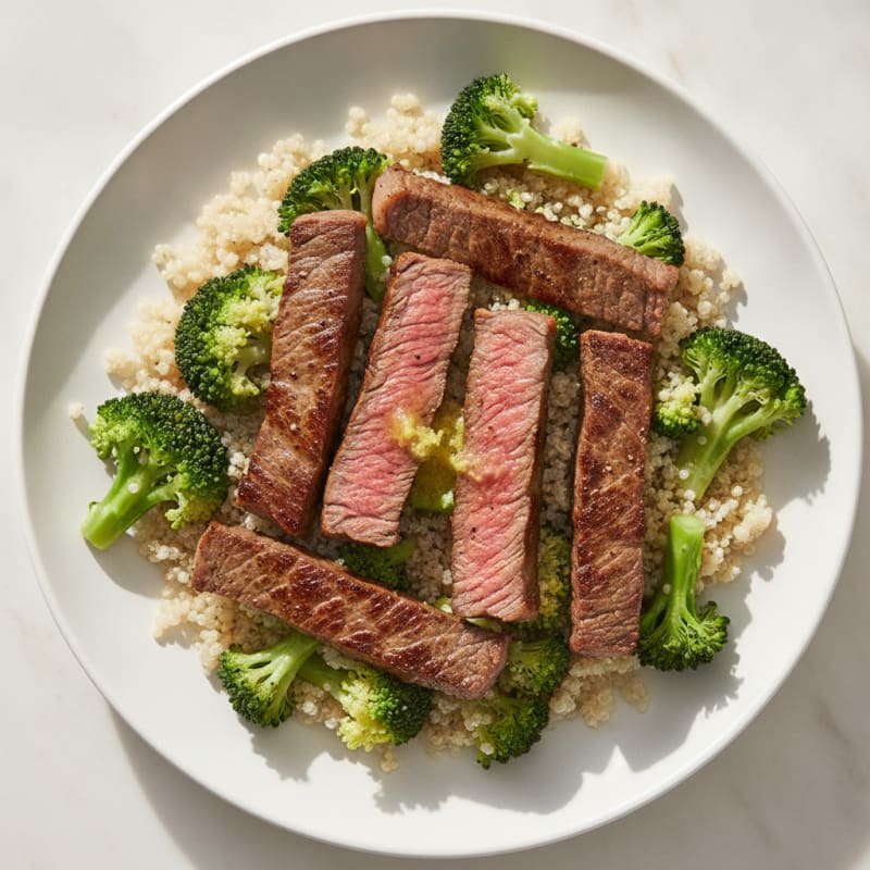 Seared Lean Beef Strips with Steamed Broccoli and Quinoa