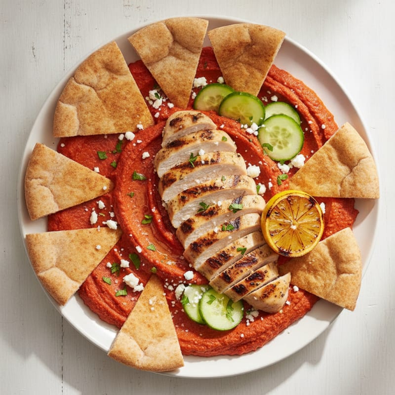 Roasted Red Pepper Hummus with Lemon-Herb Grilled Chicken and Toasted Pita