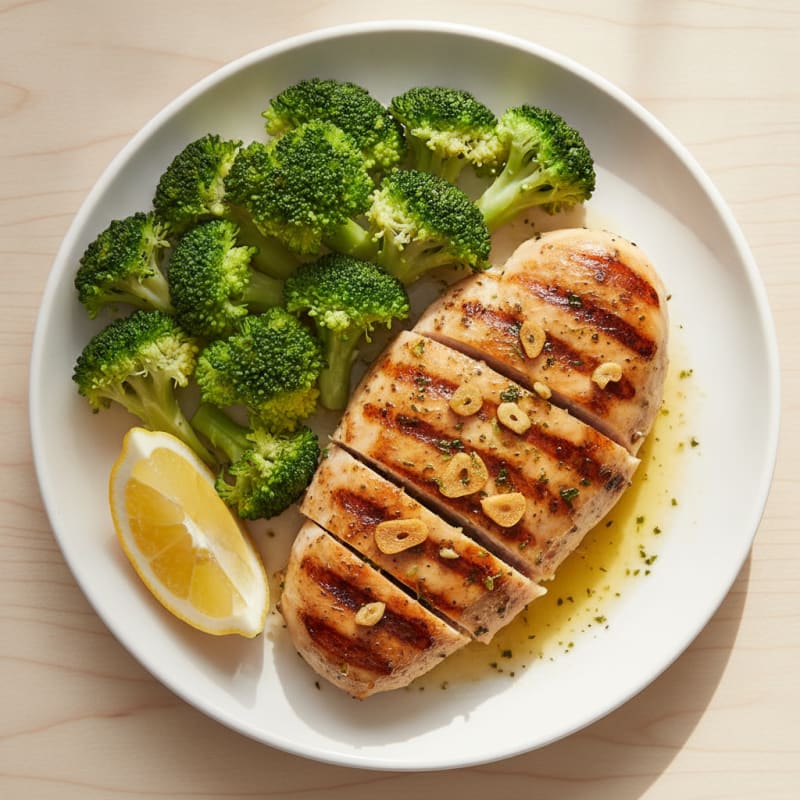 Grilled Chicken Breast with Steamed Broccoli and Lemon