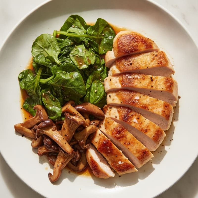 Pan-Seared Chicken with Sautéed Tatsoi and Trumpet Mushrooms