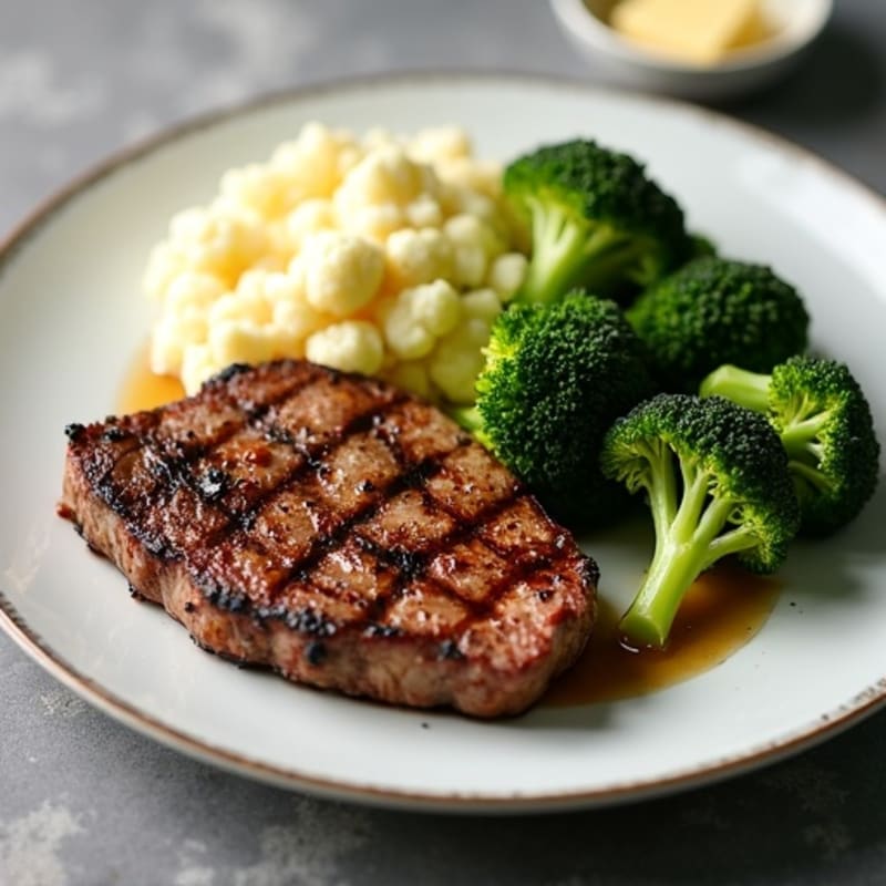 Grilled Steak with Roasted Broccoli and Garlic Mashed Cauliflower