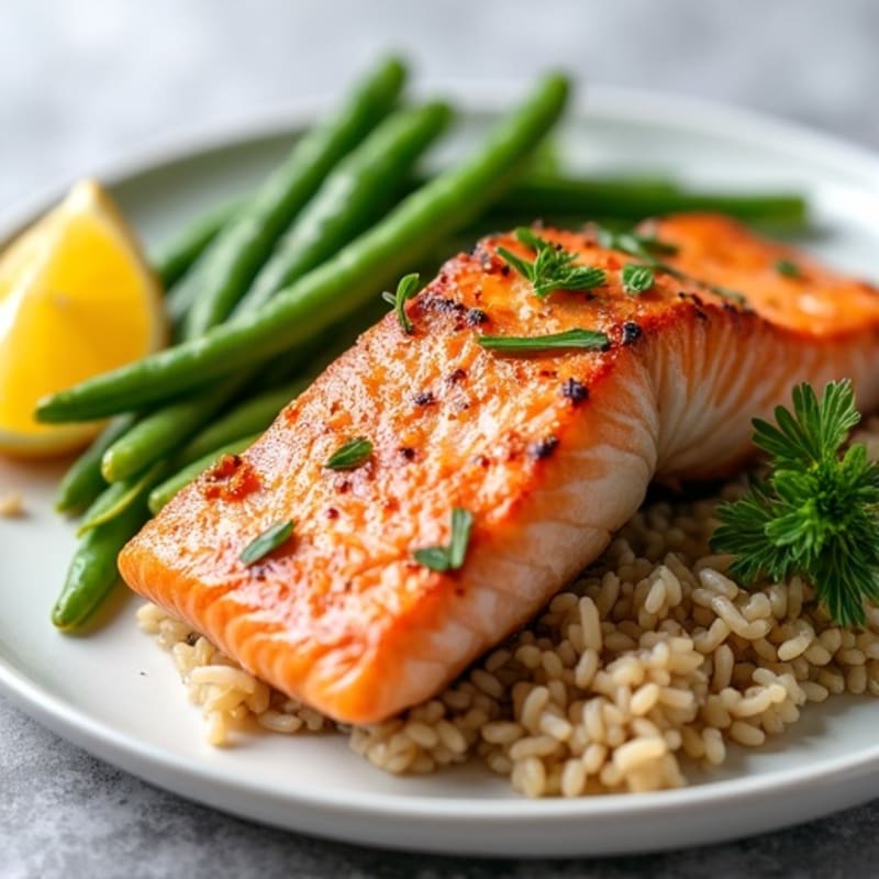 Seared Salmon with Garlic Green Beans and Brown Rice