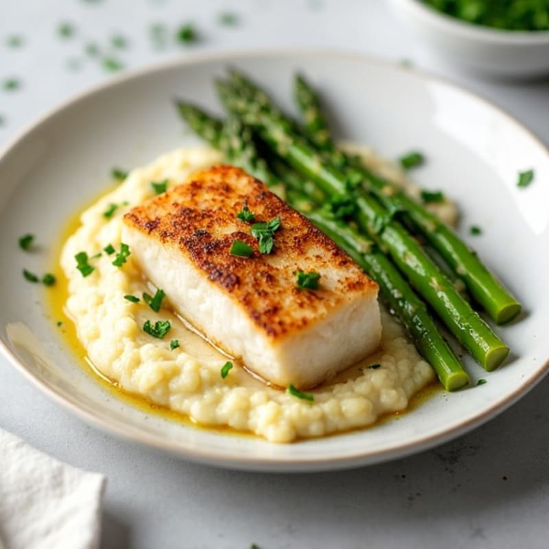 Seared Cod with Roasted Asparagus and Cauliflower Mash