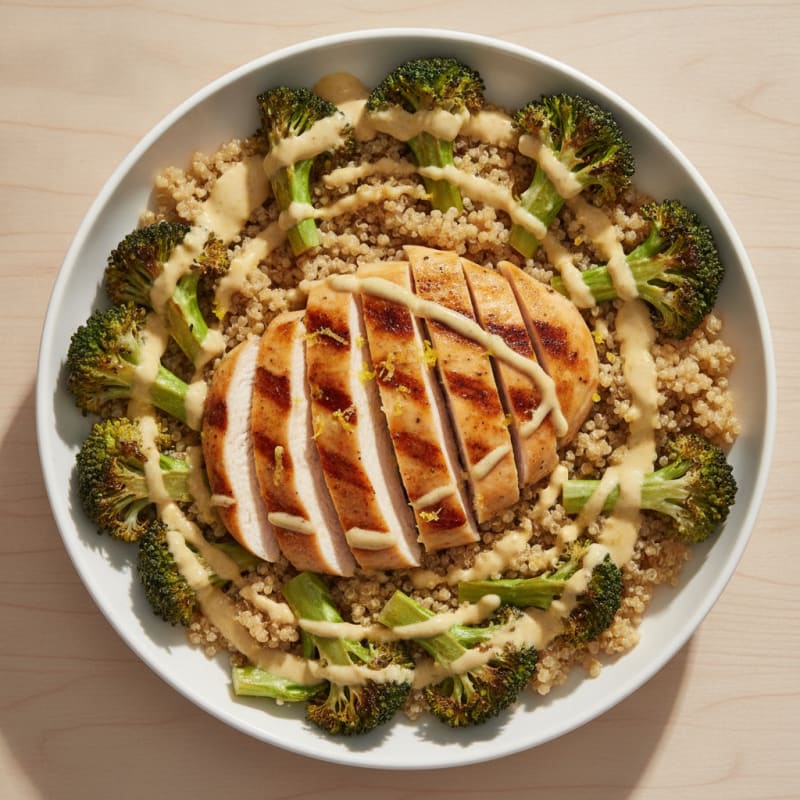 Grilled Chicken Quinoa Bowl with Roasted Broccoli and Lemon Tahini Drizzle