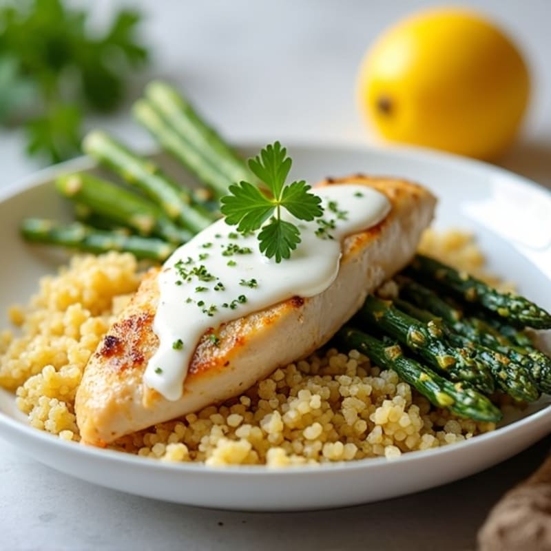 Creamy Lemon-Herb Chicken with Roasted Asparagus and Fluffy Quinoa