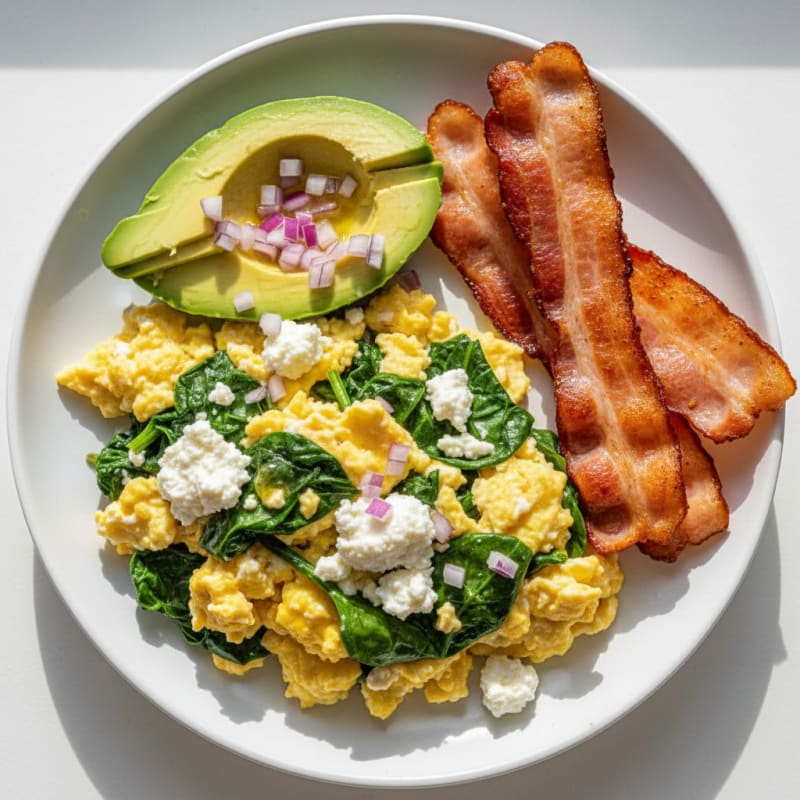 Cottage Cheese Scramble with Spinach and Turkey Bacon