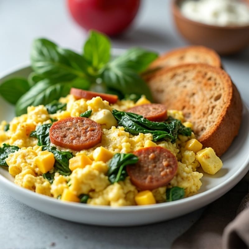 Egg White and Chicken Sausage Scramble with Spinach