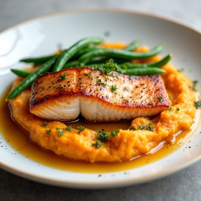 Seared Salmon Fillet with Garlic Green Beans and Sweet Potato Mash