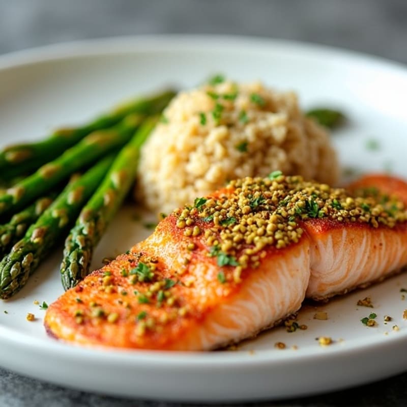 Crispy Pistachio-Crusted Salmon with Roasted Asparagus and Fluffy Quinoa