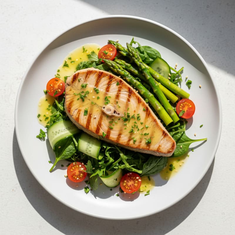 Lemon Herb Grilled Tuna Steak with Crisp Greens