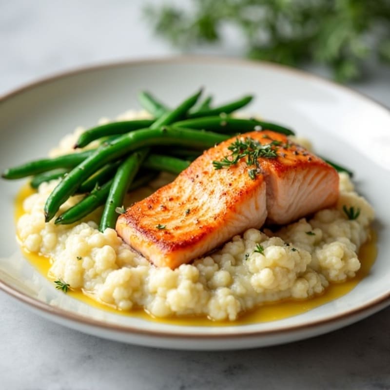 Seared Salmon with Garlic Green Beans and Creamy Mashed Cauliflower