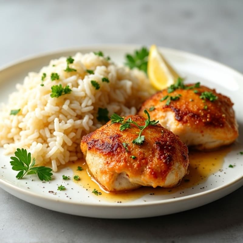 Crispy Lemon Herb Chicken Thighs with Fluffy White Rice