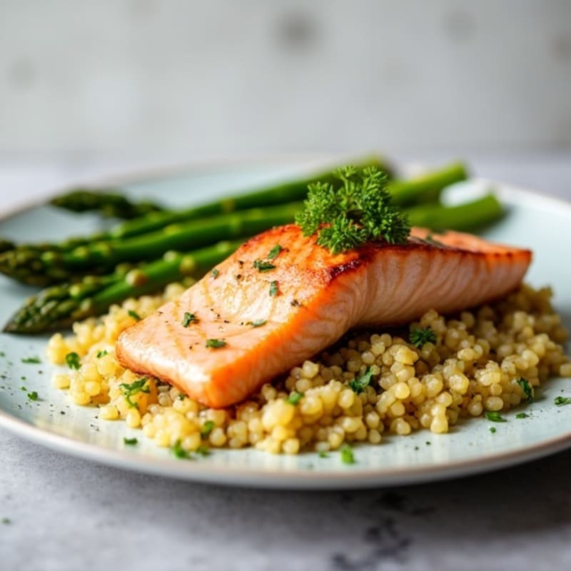 Seared Salmon with Lemon-Garlic Quinoa and Asparagus
